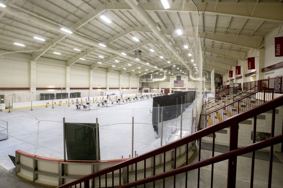 Underhill Arena, where the college will test members of the Bates community for COVID-19, in the process of being set up on Aug. 17, 2020.

Posing for portraits is Assistant Director of Athletics for Athletic Performance Nick Cooke, who Is running the testing center. He and President Clayton  Spencer with Vice President for Campus Life and Dean of Students Josh McIntosh take a tour of the facility which is almost but not entirely set up. Testing for employees begins on Aug. 18, 2020.