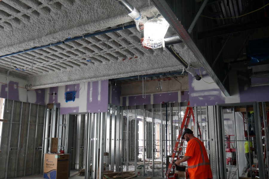 It's acoustic insulation! It's a decorative surface treatment! In fact, iInternational Cellulose Corporation's K-13 spray-on material on the ceiling of this second-floor space is both. (Doug Hubley for Bates College)