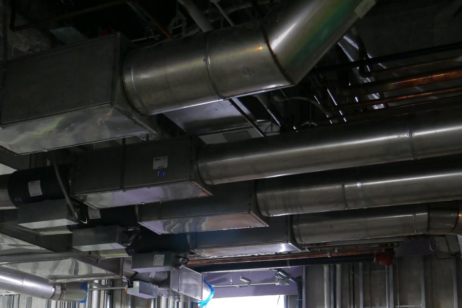 These massive ducts will ventilate fume hoods in a second-floor research lab. (Doug Hubley for Bates College)