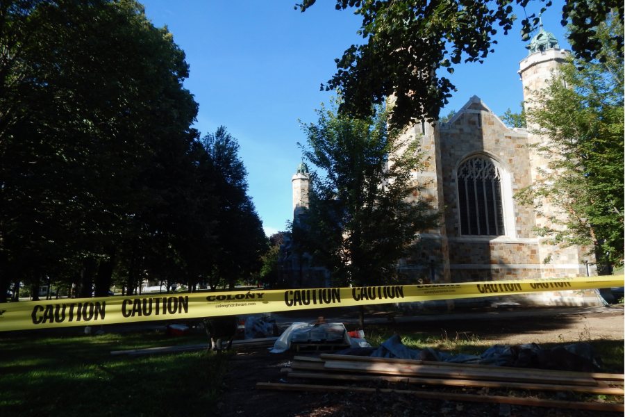 Across the Quad from the Bonney Center, restoration work on the Peter J. Gomes Chapel itself is virtually complete, but site work continues. (Doug Hubley for Bates College)