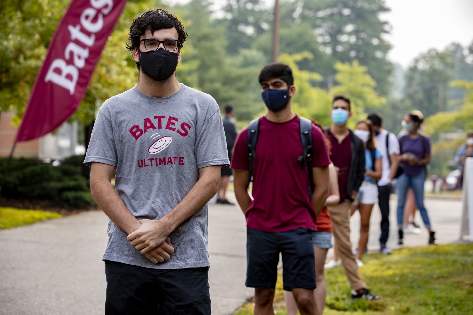 Move-In Day, the first of three successive days, on Aug. 25, 2020. Students start at Underhill for COVID-19 testing, go to Merrill for keys, head to residences, where they wait until based on the wrist bands they received at Underhill, head over to tent adjacent to Garcelon Field for a bagged lunch.