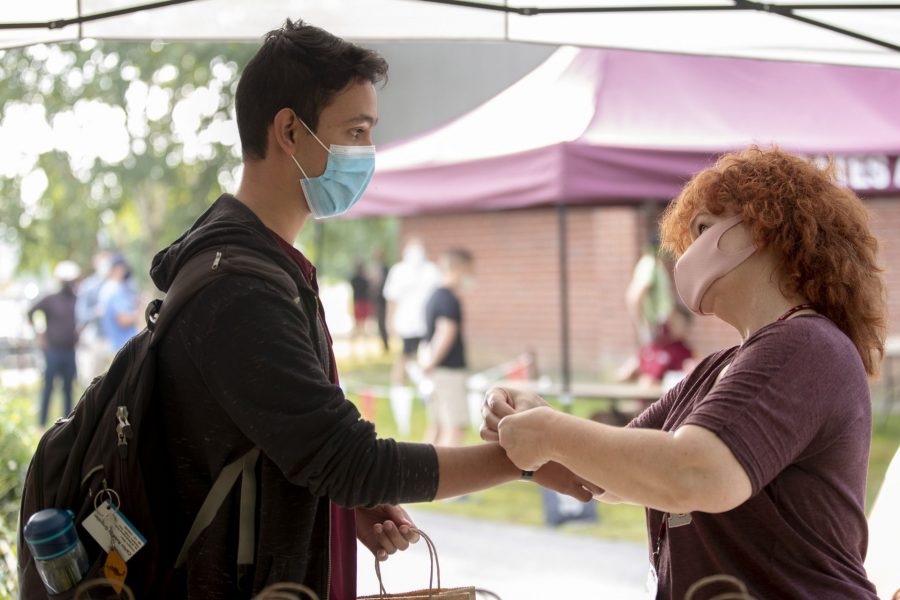 Move-In Day, the first of three successive days, on Aug. 25, 2020. Students start at Underhill for COVID-19 testing, go to Merrill for keys, head to residences, where they wait until based on the wrist bands they received at Underhill, head over to tent adjacent to Garcelon Field for a bagged lunch.