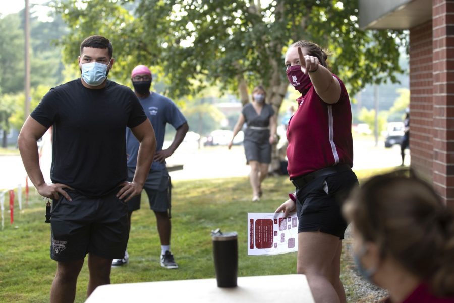 Move-In Day, the first of three successive days, on Aug. 25, 2020. Students start at Underhill for COVID-19 testing, go to Merrill for keys, head to residences, where they wait until based on the wrist bands they received at Underhill, head over to tent adjacent to Garcelon Field for a bagged lunch.