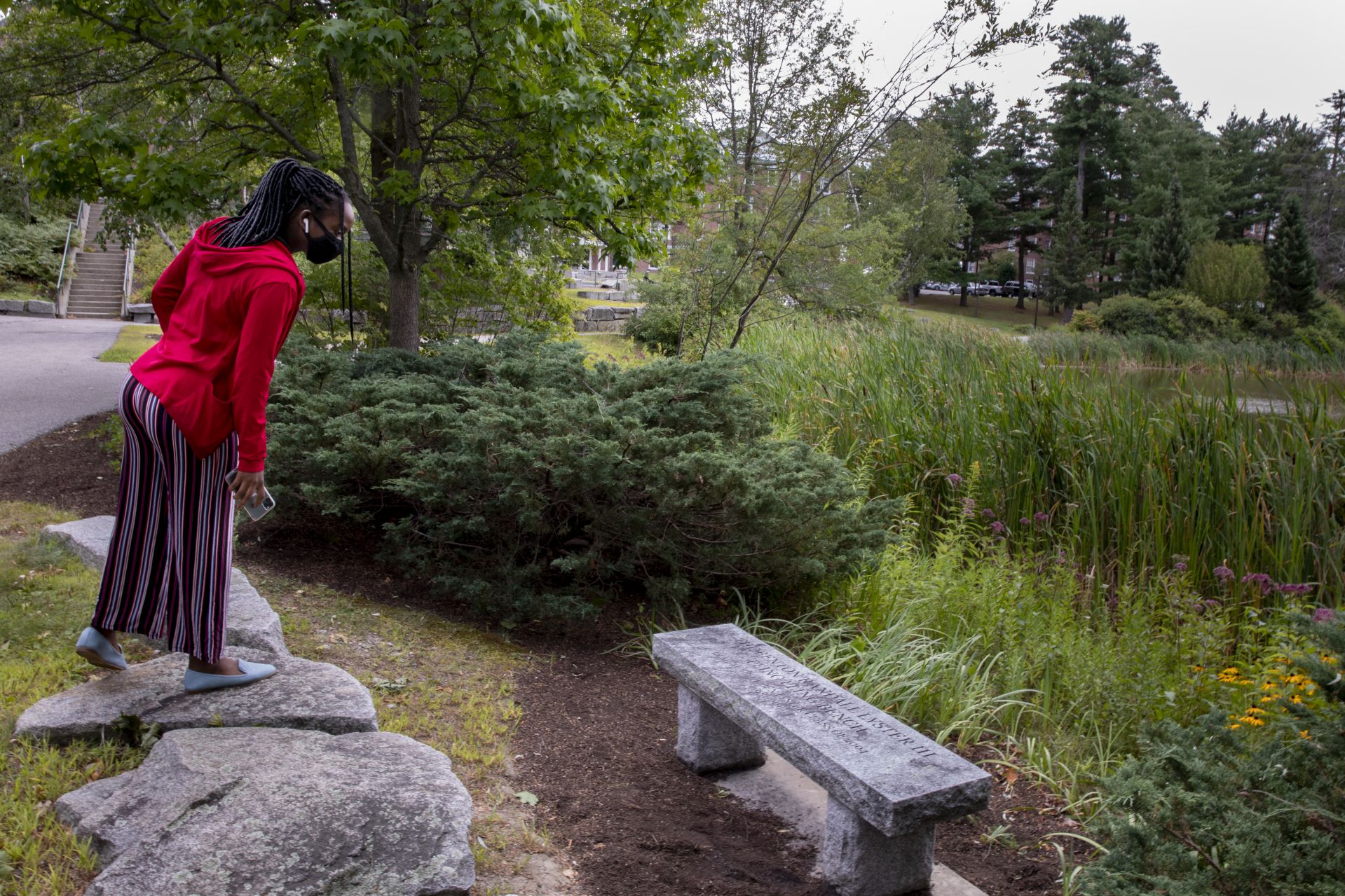 Aaliyah Moore '24 of Phoenix, Ariz., who is living in Pierce House takes her first campus walk around the puddle. She was particularly interested in the wildlife -- ducks and squirrels -- and eagerly imagined what Lake Andrews would like like when frozen over. She had never before seen snow fall.