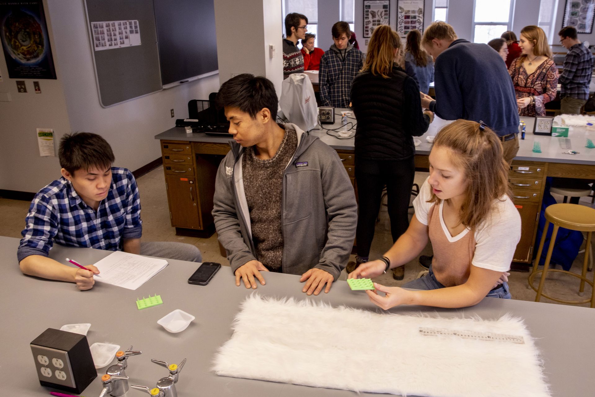 Assistant Professor of Biology Andrew Mountcastle observes as students in his new course on "Bioinspiration and Biomimetics" (from left) Thad Gunther '21, Jeremy Bennett '21, Josh Turner '20, and Ruth van Kampen '19 test the performance of their 3D printed models of grooming brushes that are inspired by cat tongues. Swipe left to see a few scenes from today’s lab.
.
The exercise was part of a course project motivated by a recent academic paper that discovered that grooming brushes inspired by cat tongues perform better than typical human hairbrushes. Cats use hollow papillae (the grooves in their tongues) to wick saliva into their fur.

Student IDs:

Erin Murphy '21 in denim jacket
Eve Cinquino '19 in black and shite patterned pullover with Andrew

Hiram Martin '19 in plaid and Elly Bengtssom '19 in red pullover

With raisins:
Wendy Memishian '19 in black and plaid and Bridget Tweedie '21 in paisley

Gavin Chen '20 side loading scale and Brianna Karboski '21with white and pink pullover at laptop and in background Joseph Ho '20 in blue plaid.

Josh Turner '20 with Sea Saba hat and Ruth van Kampen '19 in purple pullover

Thad Gunther '21 in grey with snowflakes sweater and glasses  with Jeremy Bennett '21 in blue plaid shirt with hood

Blonde hair: Abby Hamilton '21 and Julie Hinton ;20 in cowl sweater

Alex Bickart '21 tall blond hair pulling cat hair