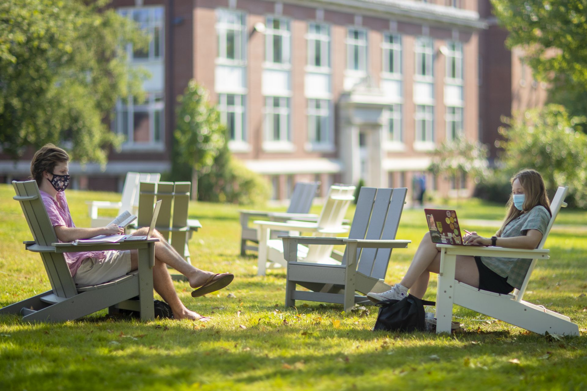 Campus scenes on Sept. 8, 2020.

Nicky Longo ’21 of Cambridge, Mass., and Lucie Green ’23 of Pittsburgh, Pa. are doing close readings of Shakespeare’s “Twelfth Night for a course taught by Assistant Professor of English Kate Akinson. They both agreed that Akinson was “awesome.”