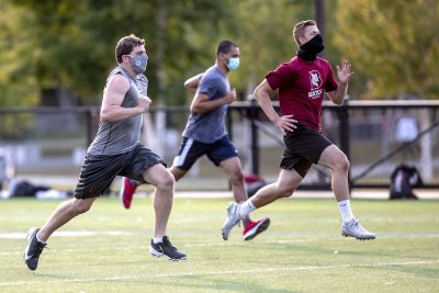 Campus scenes on Tuesday, Sept. 15, 2020.The football team has its first workout on Garcelon Field.