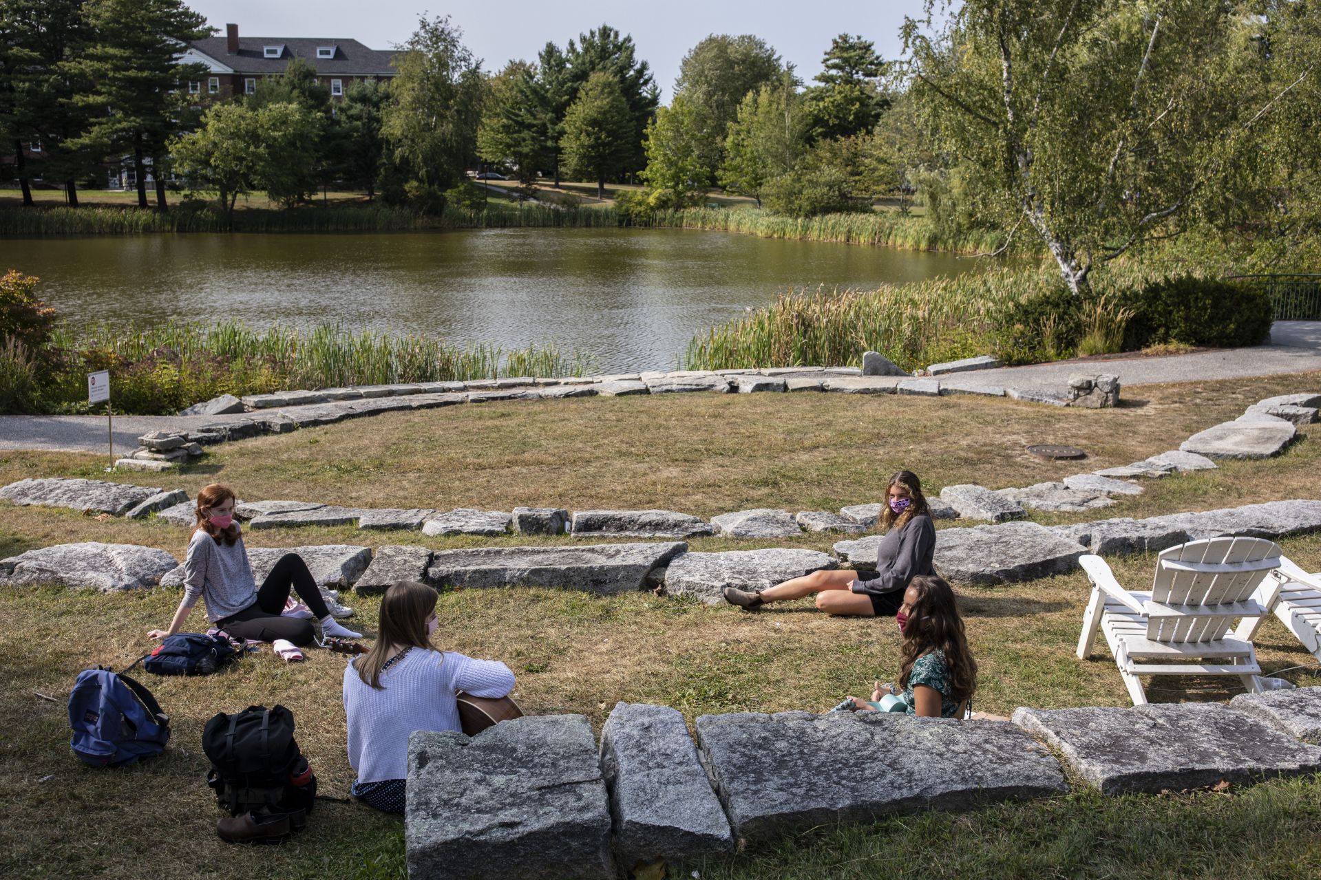 Scenes from campus on Sept. 16, 2020.

Four students playing and listening to guitar and ukulele on Keigwin Amphitheatre.

Hazel Delehey ‘23 of Camden, Maine, with white sweater and guitar 

 Katia Ryan '23 of Amsterdam, N.Y., in green dress

Avrah Ross ‘23 of Lafayette, Calif., in gray 

Clare Trinity ‘23 rof Washington, D.C. with red hair