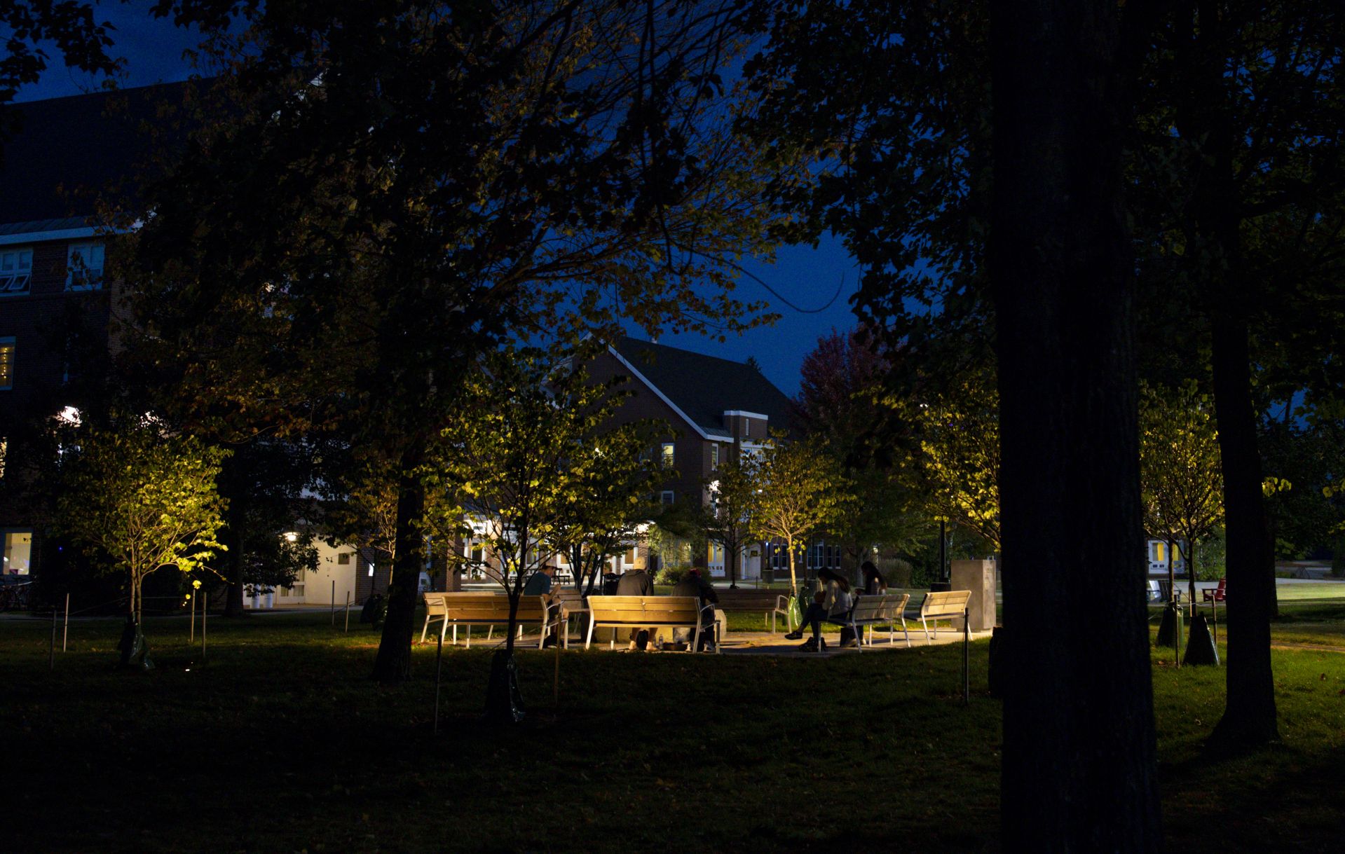 Veterans Plaza at dusk.