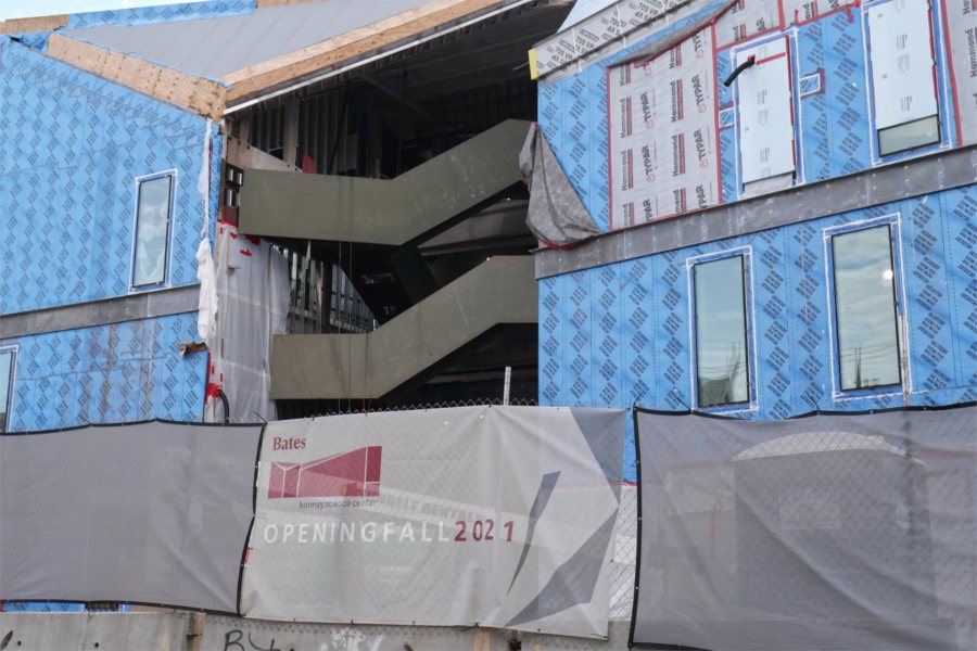 Structural steel for the Monumental Stairs is nearly complete in this Oct. 22 view from Campus Avenue. (Doug Hubley/Bates College)