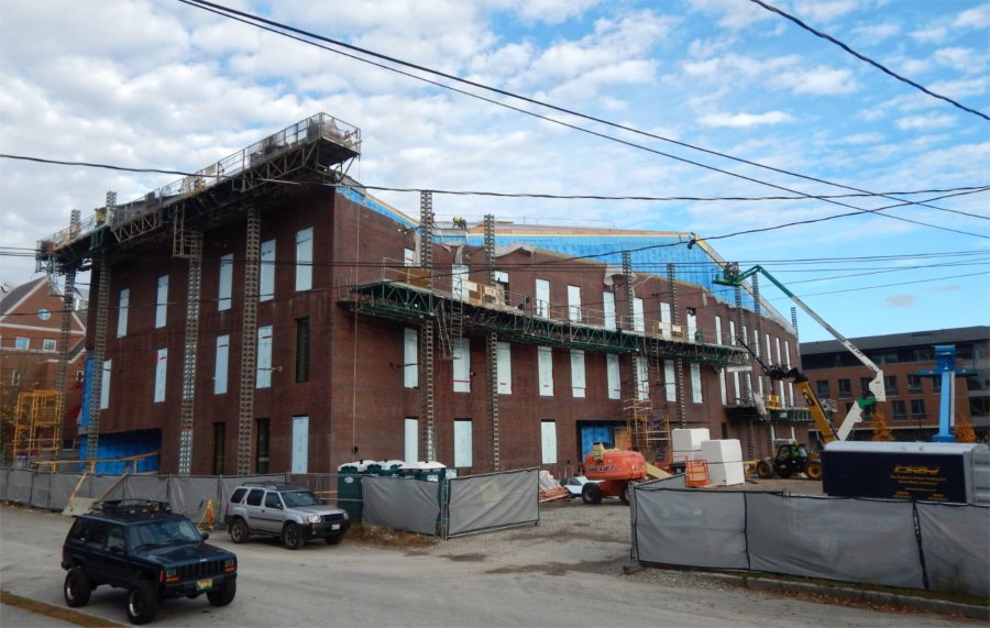 All of the science center's west side and most of the south were bricked up by the third week of October. (Doug Hubley/Bates College)(