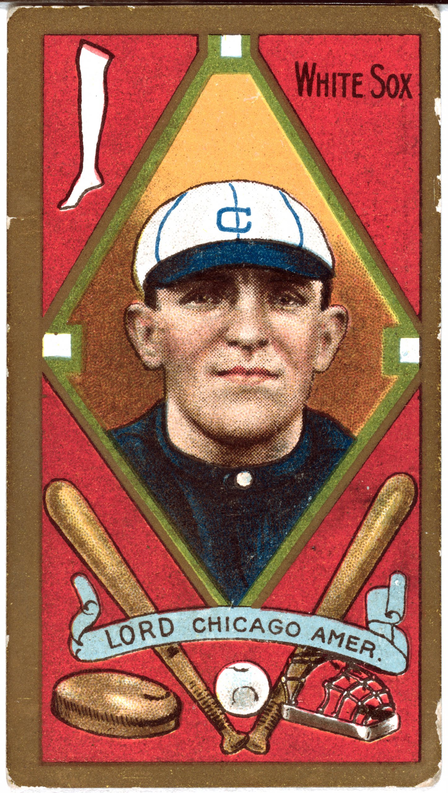 http://hdl.loc.gov/loc.pnp/bbc.1467fTitle: [Harry D. Lord, Chicago White Sox, baseball card portrait]Other Title: Card set: Gold Borders (T205)Related Names: American Tobacco Company , sponsorDate Created/Published: 1911.Medium: 1 photomechanical print.Reproduction Number: LC-DIG-bbc-1467f (digital file from original, front) LC-DIG-bbc-1467b (digital file from original, back)Rights Advisory: No known restrictions on publication.Access Advisory: Restricted access: Materials in this collection are extremely fragile and cannot be served.Call Number: LOT 13163-25, no. 125 [P&P]Repository: Library of Congress Prints and Photographs Division Washington, D.C. 20540 USA http://hdl.loc.gov/loc.pnp/pp.printNotes:Baseball card title devised by Library staff.Issued by: American Tobacco Company.Forms part of: Baseball cards from the Benjamin K. Edwards Collection.Subjects:Lord, Harry (Team member)Chicago White SoxChicagoAmerican Leaguethird basemanFormat:Baseball cards--1910-1920.Photomechanical prints--1910-1920.Collections:Baseball CardsPart of: Baseball cards from the Benjamin K. Edwards CollectionBookmark This Record: https://www.loc.gov/pictures/item/2008677435/