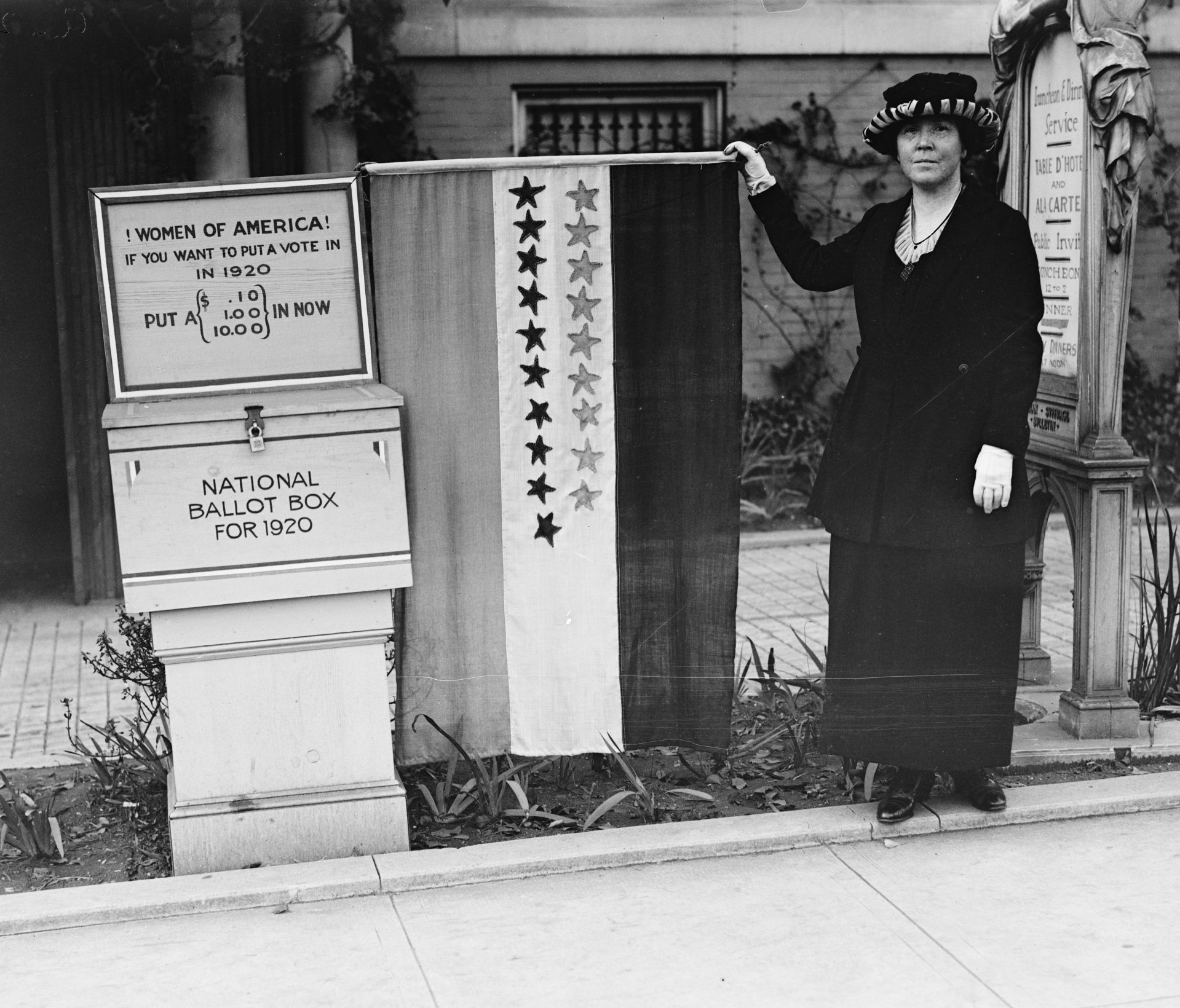 HEC/29600/29676a.tif

Women of America! If you want to put a vote in in 1920 put a (.10, 1.00, 10.00) in now. National Ballot Box for 1920

Harris & Ewing, photographer. Women of America! If you want to put a vote in input a .10, 1.00, 10.00 in now. National Ballot Box for. United States United States, 1920. Photograph. https://www.loc.gov/item/2016884625/.