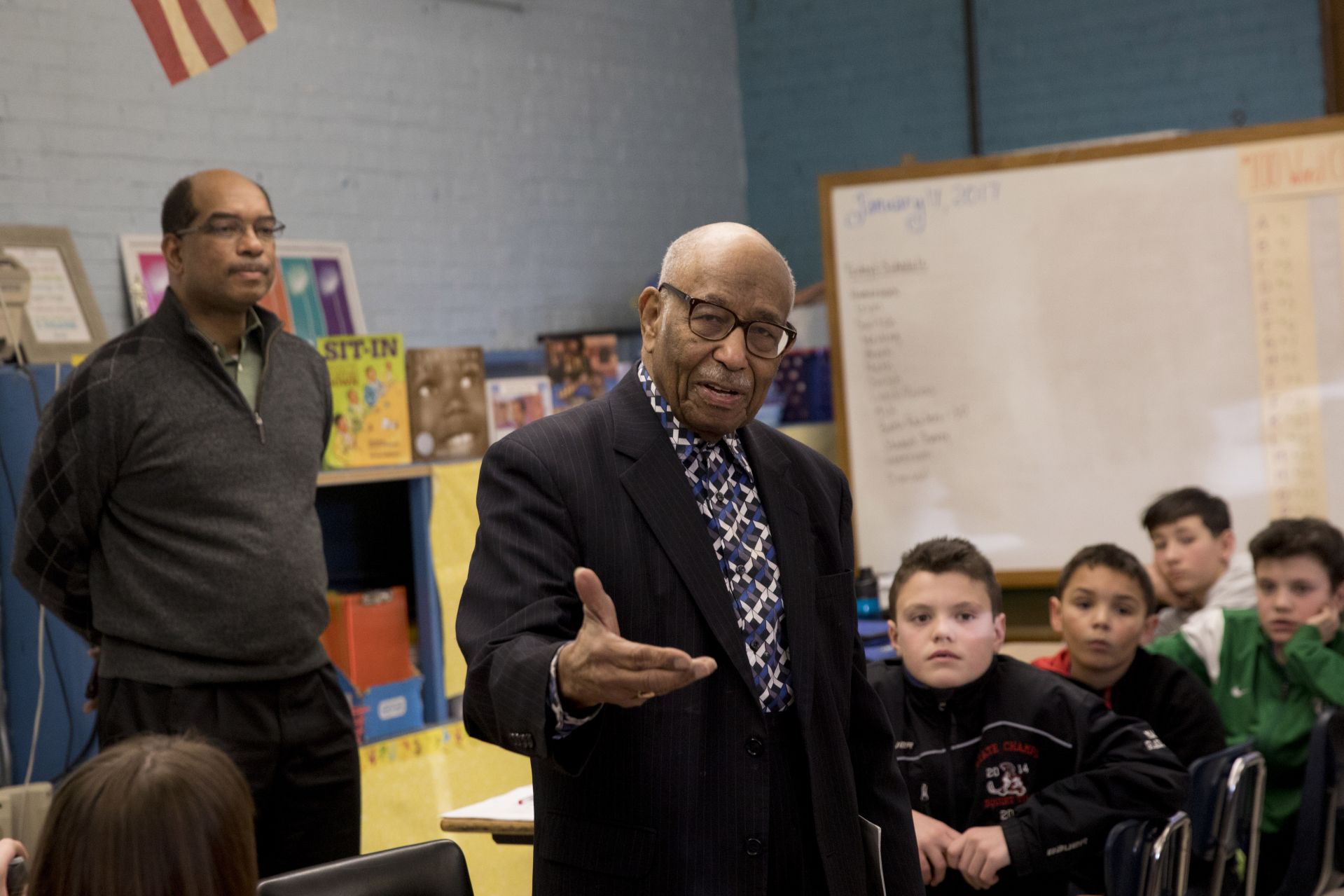 Sixth-graders at Martel Elementary School were surprised during a Martin Luther King Jr. read-in Tuesday when civil rights activist James Reese, 93, walked into the classroom.

Sitting with students and their Bates College reading partners, Reese told them what his life was like before segregation was outlawed in 1964.

Reese and his wife, Neola, 89, came to Martel with their son, James Reese, an associate dean at Bates College. Neola and Jim raised three children in Knoxville, Tennessee. The elder Reese met Dr. King in 1960 when he spoke at the college where Reese was chaplain.

See full Sun Journal Story
http://www.sunjournal.com/news/lewiston-auburn/0001/11/30/lewiston-pupils-get-civil-rights-lesson-1960s-activist/2058421