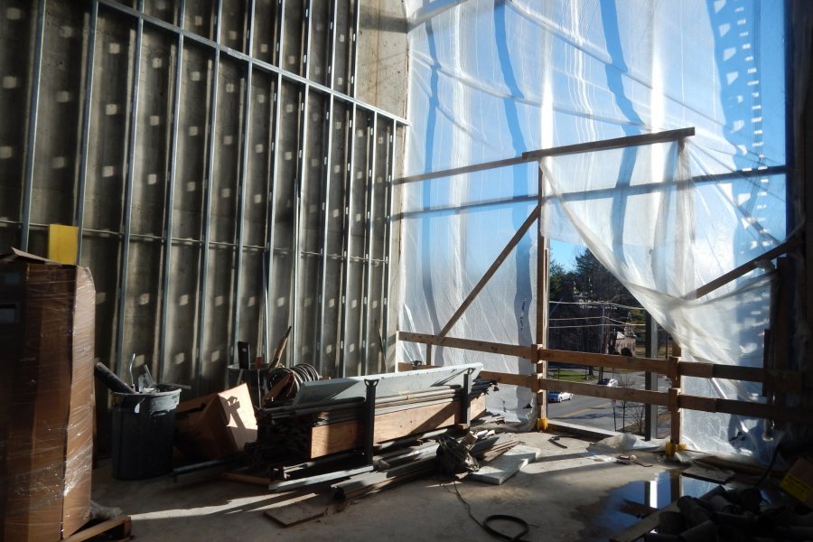 The Muskie Archives is visible from this third-floor classroom through a gap in the poly window covering. (Doug Hubley/Bates College)