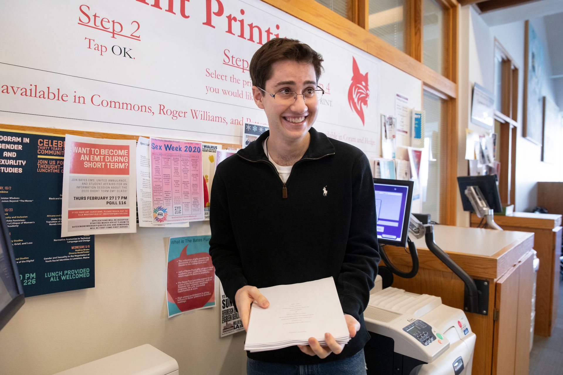 Jonathan Farrell '20 binds his creative writing yearlong thesis, a series of short stories, written under the guidance of his adviser, Jessica Anthony. He gathered a group of friends in the library at 10 a.m. on Saturday morning to bind his thesis (not quite done but close enough) to find closure. And he asked his friend  Stevens "Steve" Shea '22 of Wilson, Wyoming.“It’s weird. Like, I feel like this was something kind of last minute, that I wanted to bind in the end. But they kind of gave me the closure I was so desperately looking for. And since, this thesis isn't really just a semester or year- long like mine was in the end, but it's kind of like all these stories are the amalgamation of my entire time here at Bates and something that I've been fortunate enough to write, and looking back reminded me of everything I've been through. The themes are kind of centered around, are kind of themed around an idea of loneliness and how characters try to cope with that. One of the stories is about a guy sitting upon a chapel kind of rooftop talking to gargoyles. Another one is a guy trying to think about how you can get a goldfish out of his toilet, and his goldfish is like almost a plastic God sort of thing. Yes, the  characters cope with their own loneliness and they move forward. Great.Steve has become a really good friend of mine this year. I met him at the beginning of the year, and I didn't really know him at first, but we were rock climbing together. He was always around a lot when I was working on my thesis, which was Saturday nights when the deadline was Sunday morning. And whatever I would write about it, like Johnny, ‘it's all good.’ Like, ‘don't worry about it. You know, you're writing You're doing well.’ You're like, ‘just keep on going.’ And that was something I was so kind of thankful for.”“It's definitely weird that we're all done. I mean, so many seniors are now off campus. And we kind of, I've been thinking a lot like, you know,