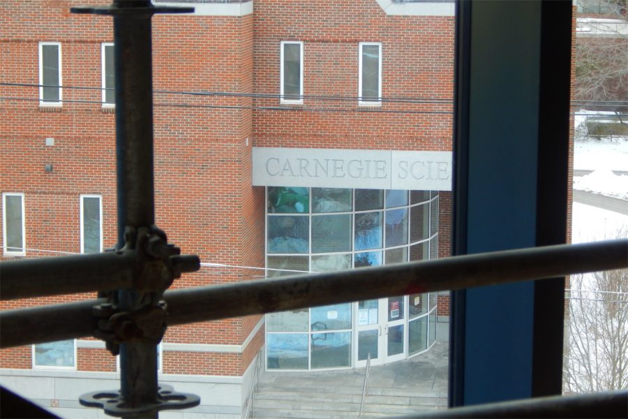 The main entrance to Carnegie Science seen from the third level of the Bonney Center's Monumental Stair. (Doug Hubley/Bates College)