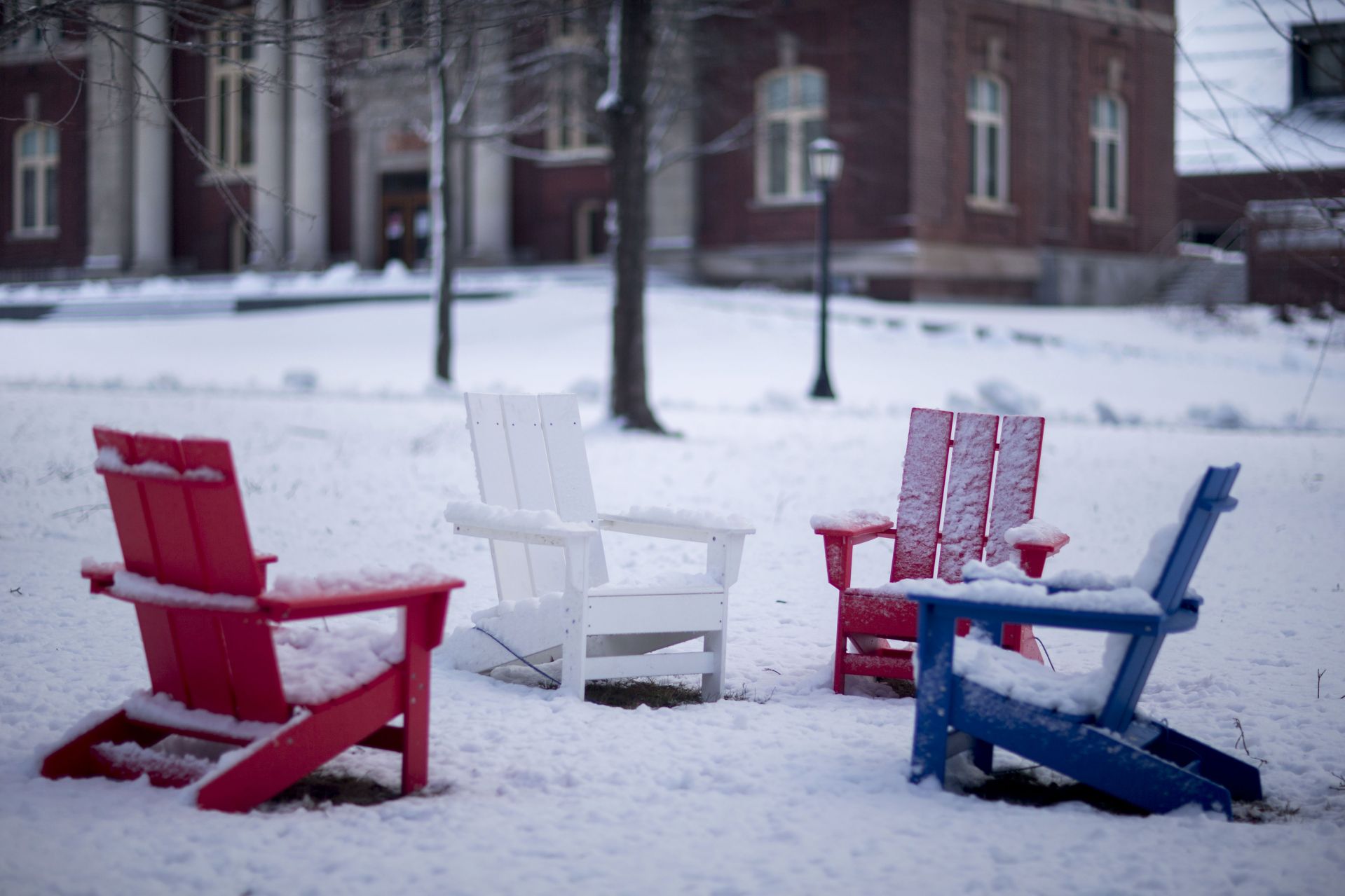 A couple of after-the-storm scenes: a member of the grounds crew clears a Campus Avenue sidewalk; Adirondack chairs on the Historic Quad receive their first-ever snow cover.