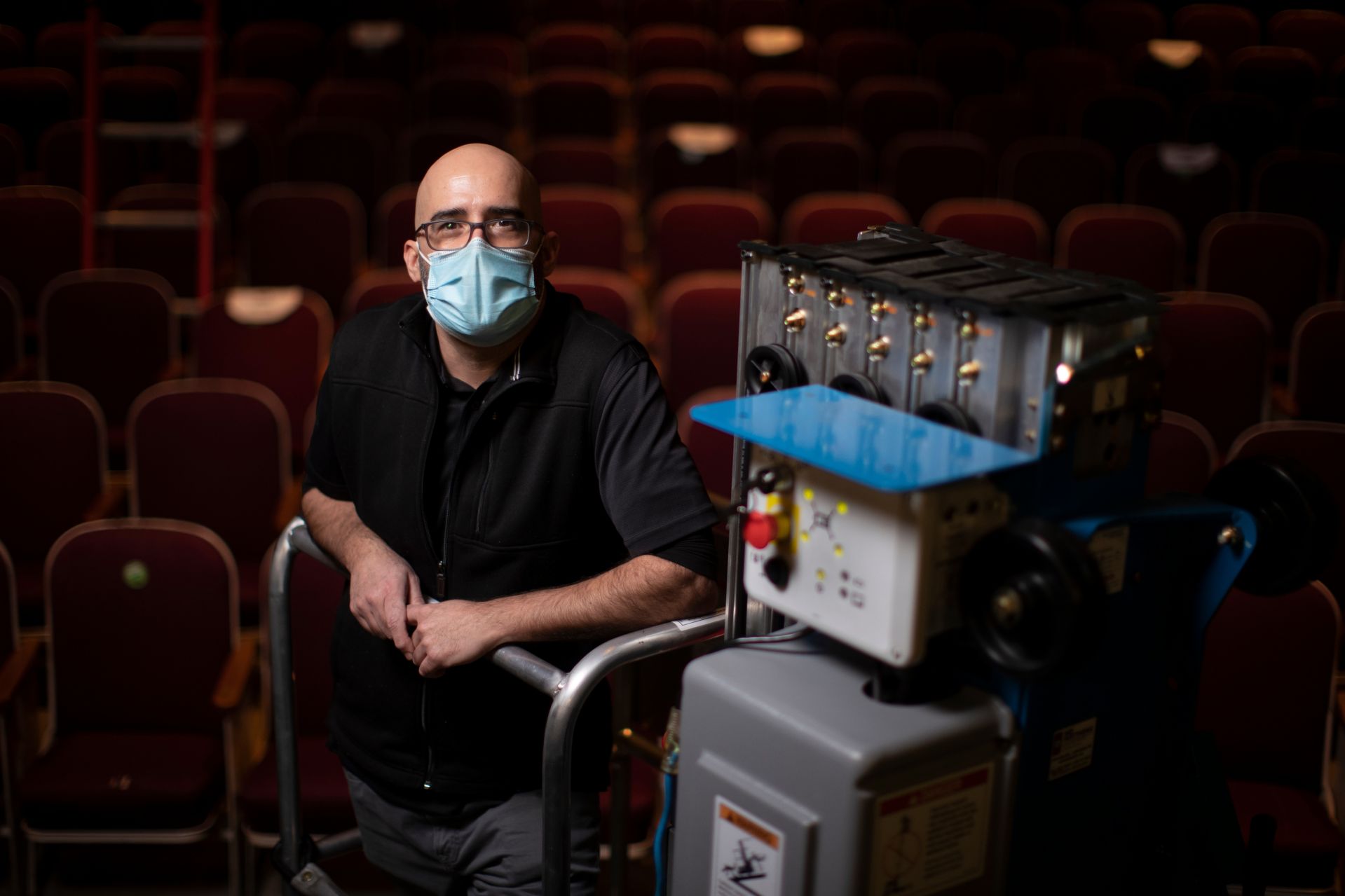 Justin Moriarity poses in Schaeffer Theater.