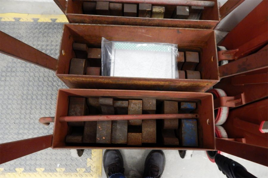 These carts, full of steel weights, will be used to test the performance of the Bonney Center's elevator at its maximum load. (Doug Hubley/Bates College)