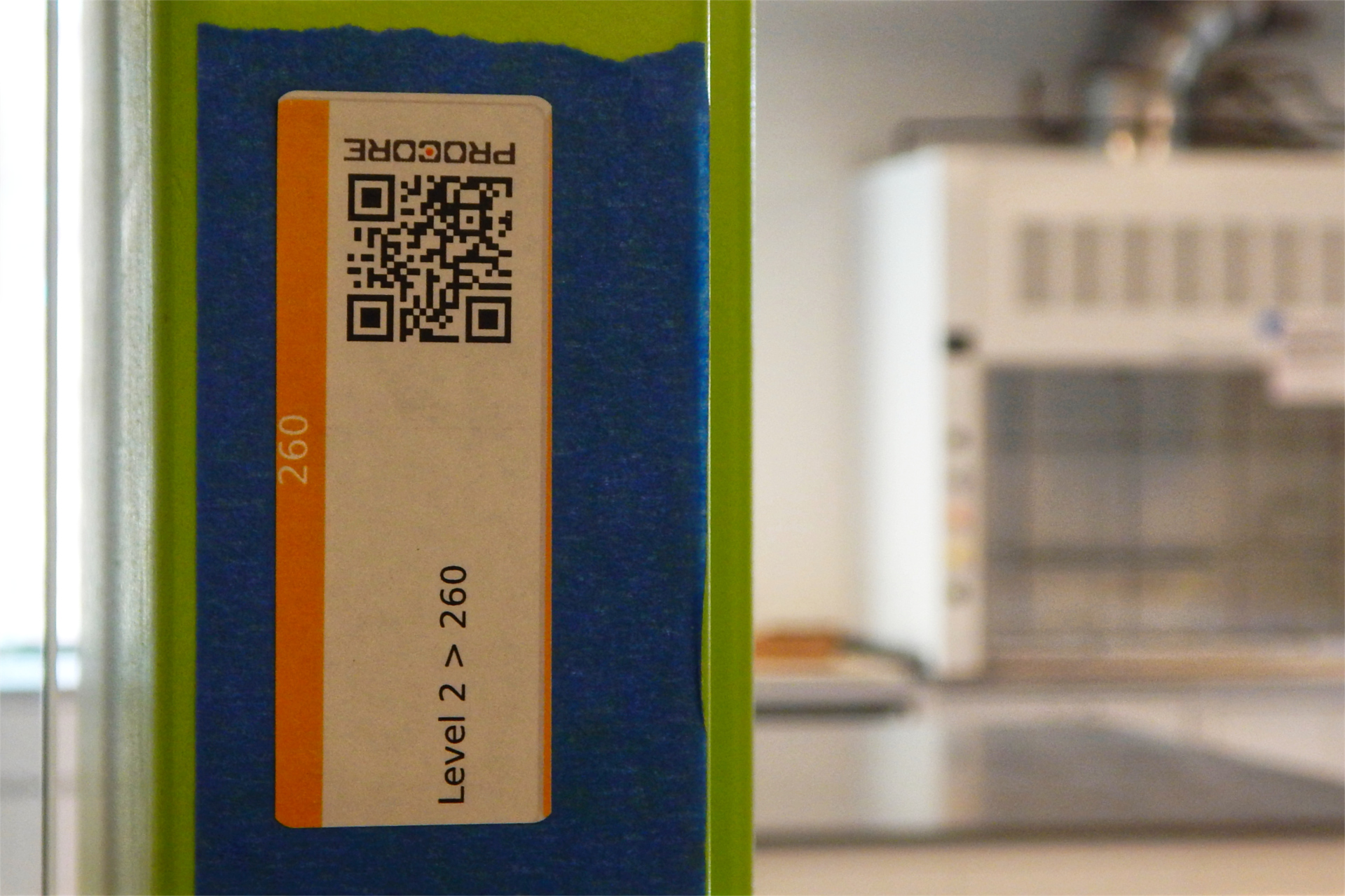 Scanning this Procore QR code assigned to a lab on the Bonney Center’s second floor produces all manner of information about the status of work there. (Doug Hubley/Bates College)