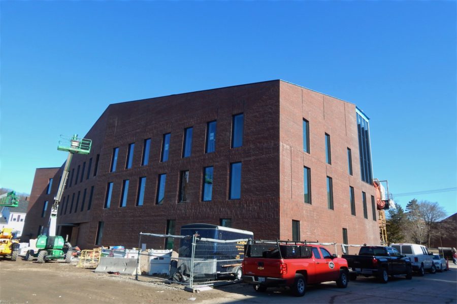 The southeast corner of the Bonney Science Center shown from Bardwell Street on March 22, 2021. (Doug Hubley/Bates College)