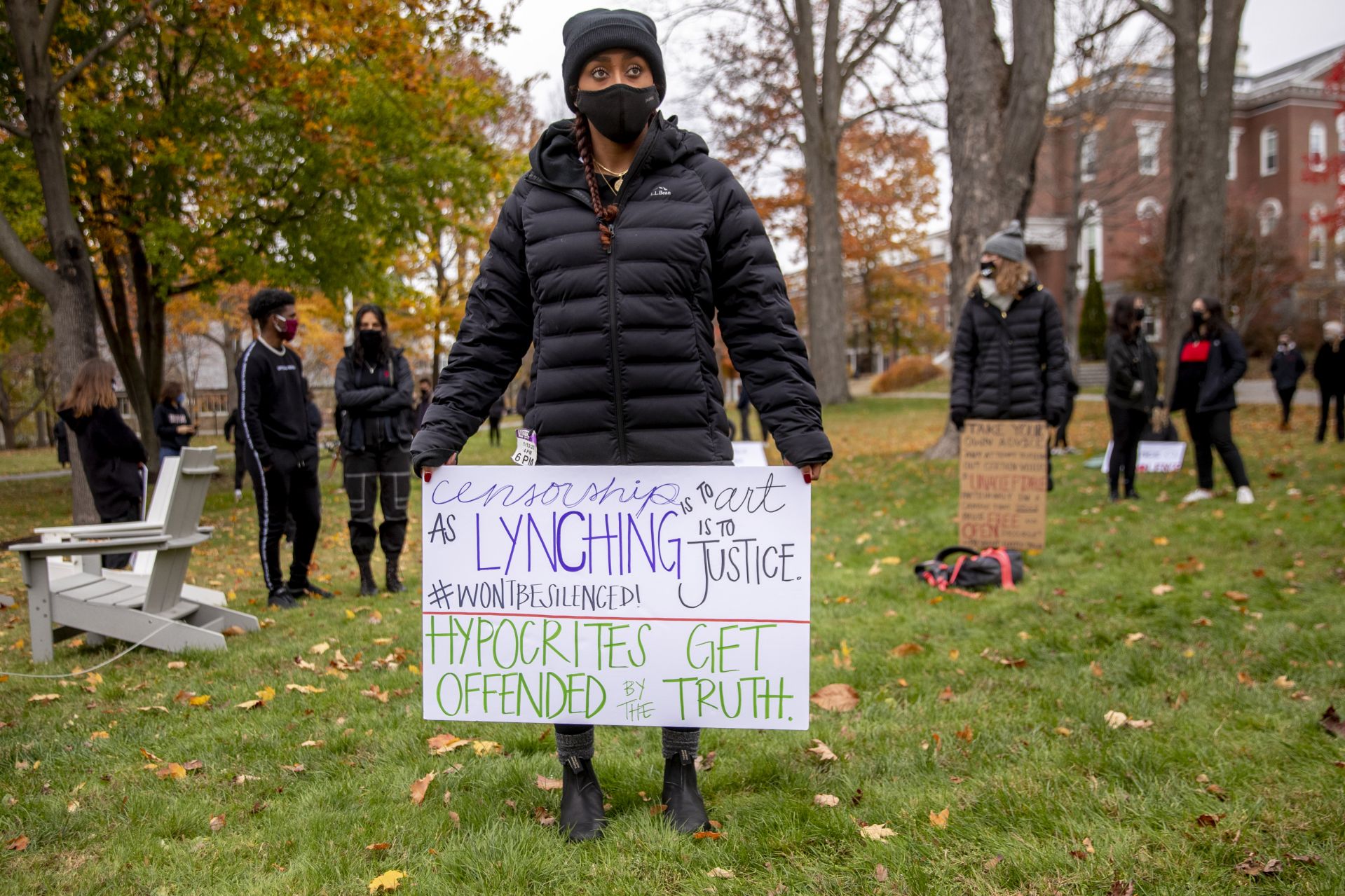 Lauryn Boucree '21 holds a poster at the rally.


The Bates Student Government hosted a rally, "Silence is Violence" at 1 p.m. on the steps of Coram Library to protest  Bates Communications Office Instagram posts and the subsequent turning off of comments connected to those posts.

Co-Presidents of Bates Student Government Perla Figuereo ’21 of the Bronx, N.Y., and Lebanos Mengistu ’21 of Somerville, Mass., moderated the rally, and student speakers were followed by President Clayton Spencer, Chief Communications Officer Sean Findlen '95, Vice President of Academic Affairs Malcolm Hill, and Vice President for Equity and inclusion Noelle Chaddock.