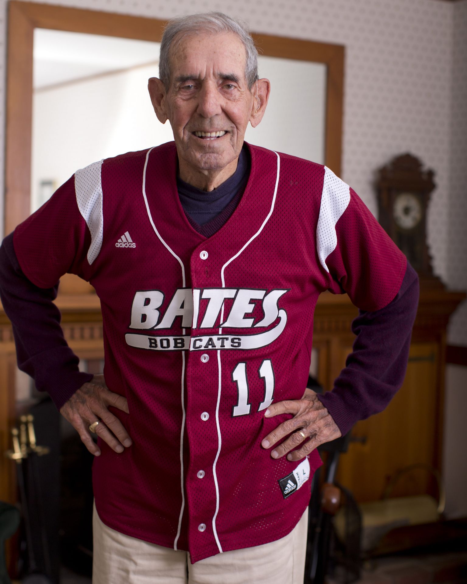 "I never got run."

-- William "Chick" Leahey '52, noting that in his half-century of organized
baseball, including high school, minor league, semi-pro, and 36 years
as a head coach of Bates baseball, he never got tossed from a game by
an umpire.

Photographed at his home at 385 East Avenue, Lewiston, wife his wife, Ruth.