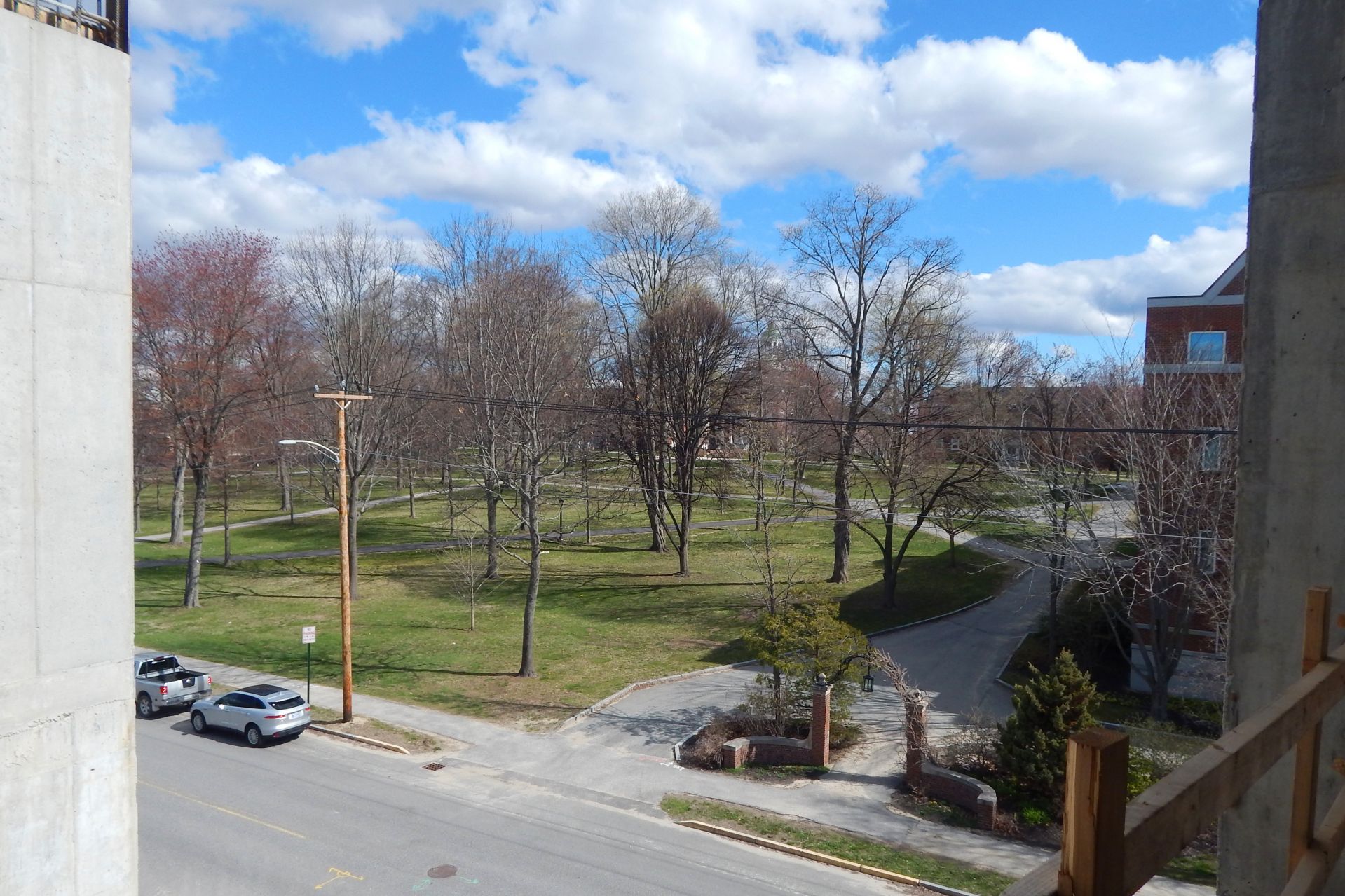 The Historic Quad seen from the site of the future "Beacon," a vertical expanse of glass wall at the science center. (Doug Hubley/Bates College)