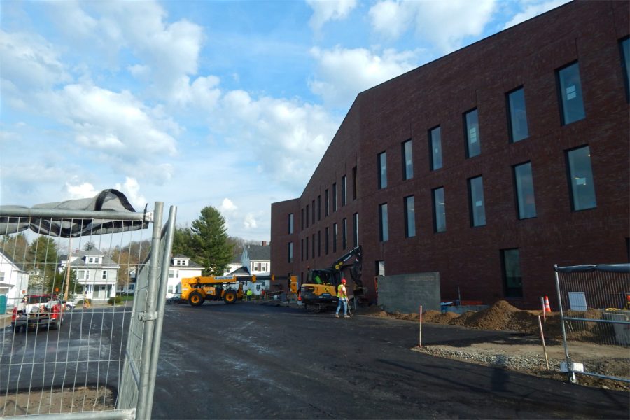 New asphalt behind the science center on April 21, 2021. (Doug Hubley/Bates College)