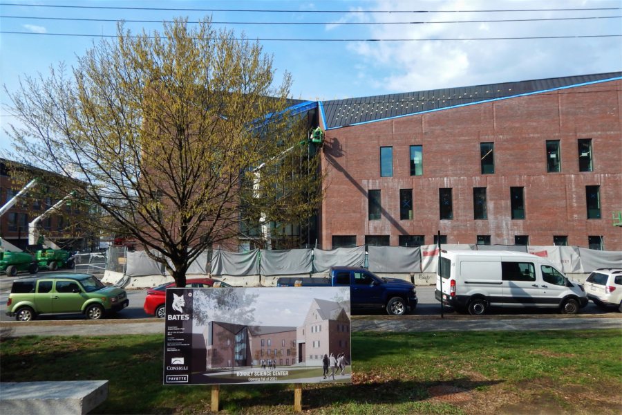 The Bonney Science Center, in rendering and reality on April 21. (Doug Hubley/Bates College)