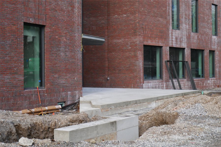 This concrete bed at the Bonney Center’s main entrance will be topped with asphalt paving blocks. (Doug Hubley/Bates College)