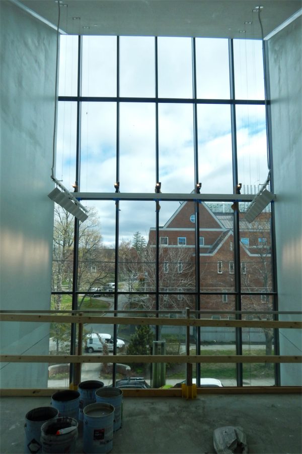 A view of Carnegie Science Hall and the Historic Quad from the upper level of the Beacon. (Doug Hubley/Bates College)