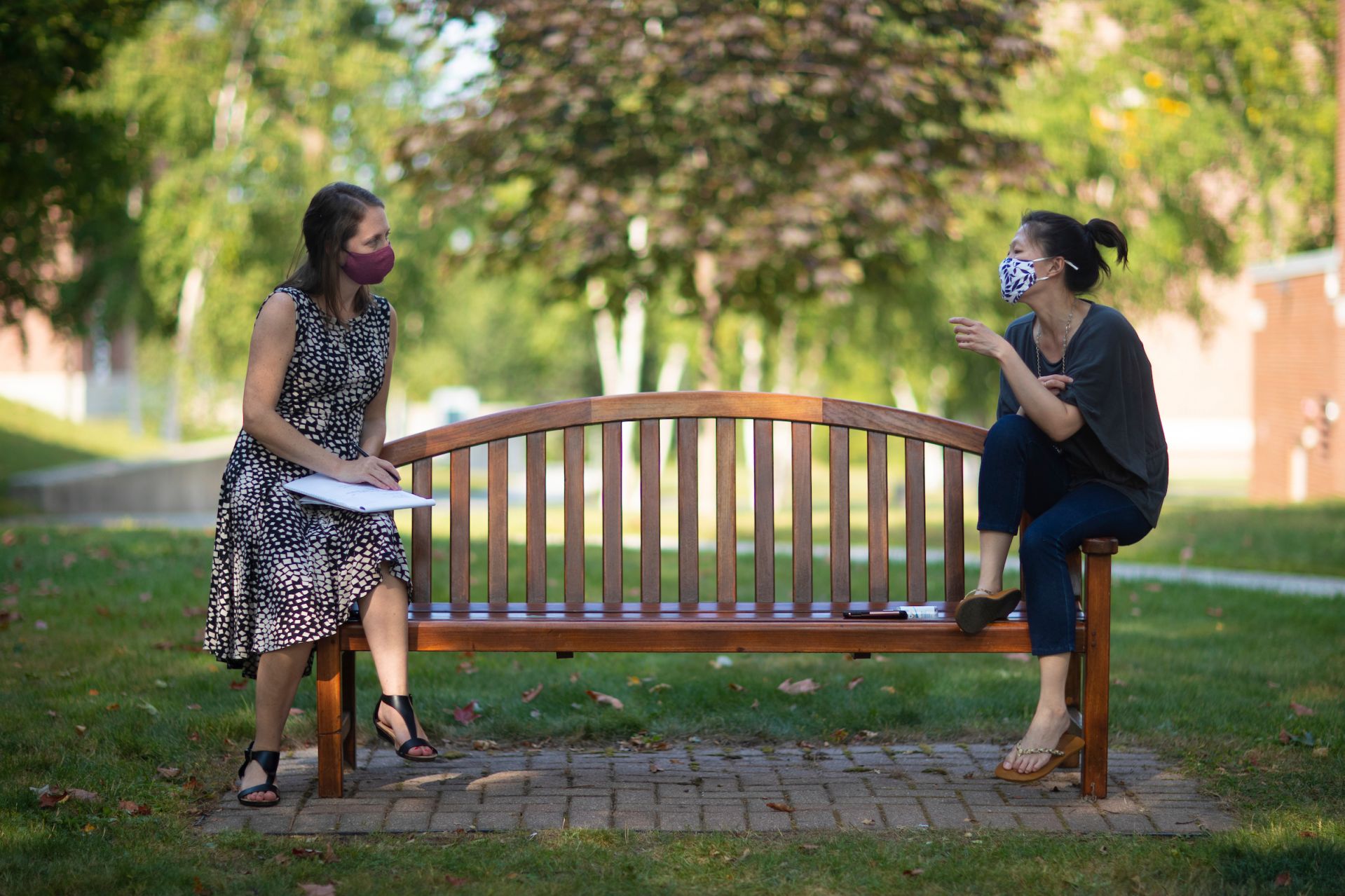 Campus scenes on Sept. 8, 2020.

Beverly Vari and Hoi Ning Ngai, colleagues at the Bates Center for Purposeful Work, hold their weekly check-in meeting on the Historic Quad.

Besides talking strategy and tactics — from how to expand employment opportunities for students to following up on summer internships — they also “catch up on how we’re engaging in self-care — especially given the challenges of operating in a pandemic,” says Ngai. Prioritizing health and well-being is not just personal: “It’s a way to model that mindset for students as they become professionals.”