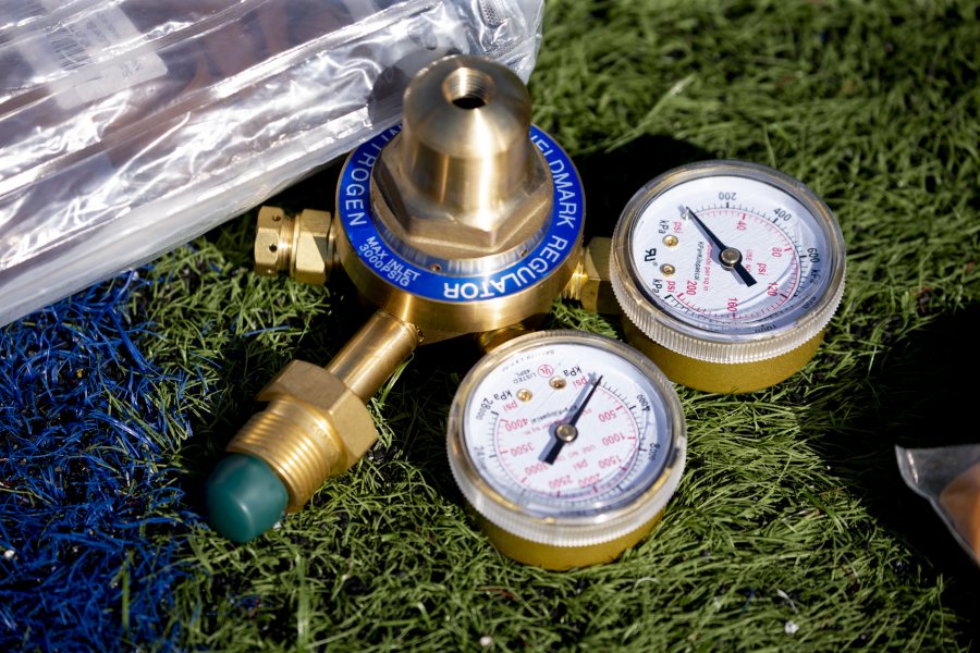 These pressure gauges were actually used as a counterweight to the inflated balloon during preparations. (Phyllis Graber Jensen/Bates College)