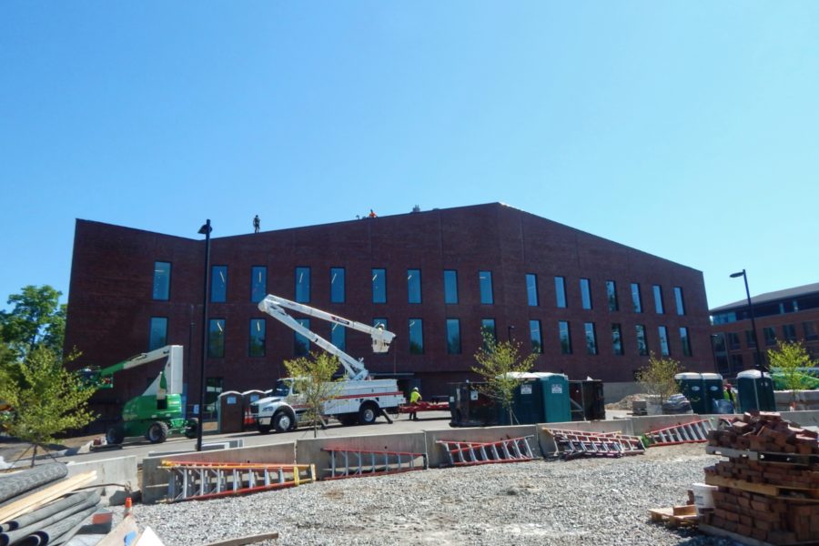 Only finishing touches remain to be done on the exterior of the Bonney Science Center, shown from the south on May 17. (Doug Hubley/Bates College)