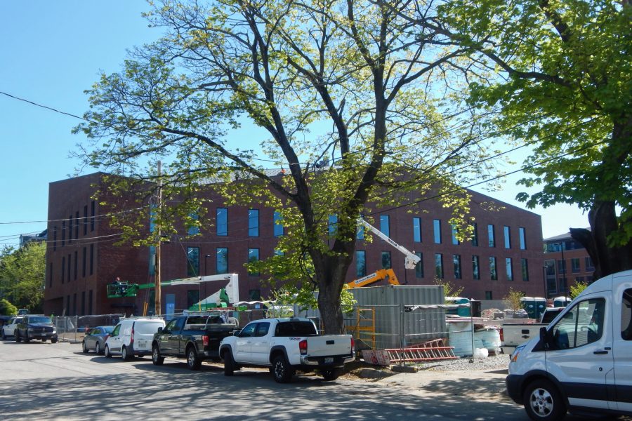 The south side of the Bonney Science Center seen from Nichols Street on May 17, 2021. (Doug Hubley/Bates College)