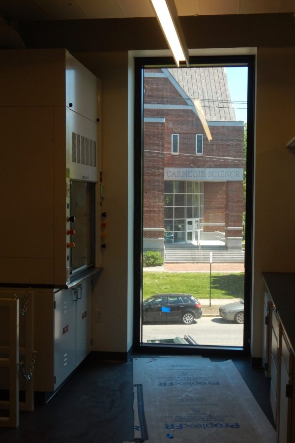 A view of Carnegie Science from a second-story lab in the Bonney Center. (Doug Hubley/Bates College)