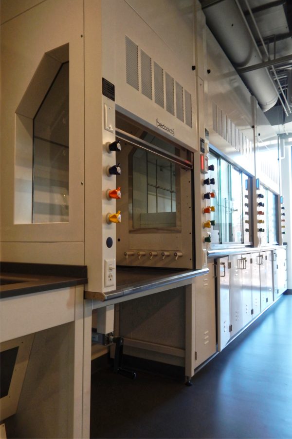 Fume hoods in a chemistry teaching lab on the Bonney Center's third floor. The unit at center can be moved up and down for use by people with physical impairments. (Doug Hubley/Bates College)