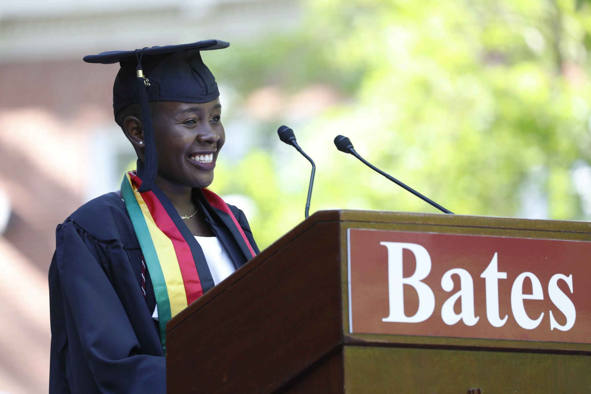 Nicole Kumbula '21 of Chinhoyi, Zimbabwe, delivers her Senior Address in the morning Commencement ceremony on May 27, 2021. (Theophil Syslo/Bates College)