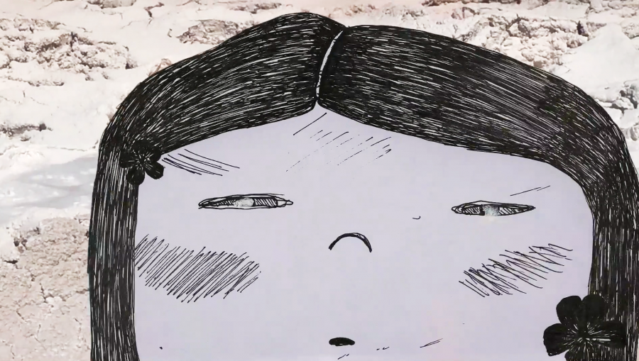 A still from Sakura, which mixes animation and footage from videos shot by Mari Sato.