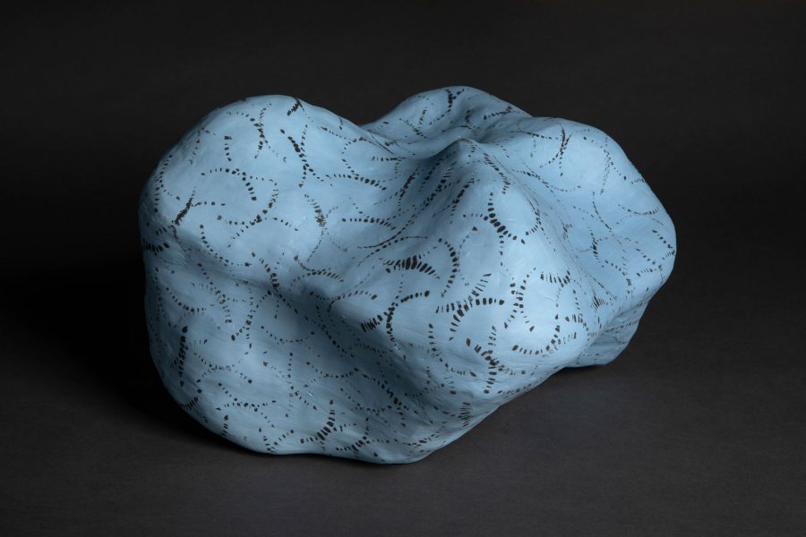 Laila Stevens, No. 7 (large blue with black lines), 2021, earthenware, 9 x 14 x 14 inches.