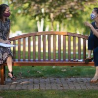 Campus scenes on Sept. 8, 2020.Beverly Vari and Hoi Ning Ngai, colleagues at the Bates Center for Purposeful Work, hold their weekly check-in meeting on the Historic Quad.Besides talking strategy and tactics — from how to expand employment opportunities for students to following up on summer internships — they also “catch up on how we’re engaging in self-care — especially given the challenges of operating in a pandemic,” says Ngai. Prioritizing health and well-being is not just personal: “It’s a way to model that mindset for students as they become professionals.”