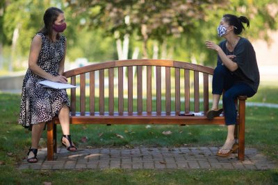 Campus scenes on Sept. 8, 2020.Beverly Vari and Hoi Ning Ngai, colleagues at the Bates Center for Purposeful Work, hold their weekly check-in meeting on the Historic Quad.Besides talking strategy and tactics — from how to expand employment opportunities for students to following up on summer internships — they also “catch up on how we’re engaging in self-care — especially given the challenges of operating in a pandemic,” says Ngai. Prioritizing health and well-being is not just personal: “It’s a way to model that mindset for students as they become professionals.”