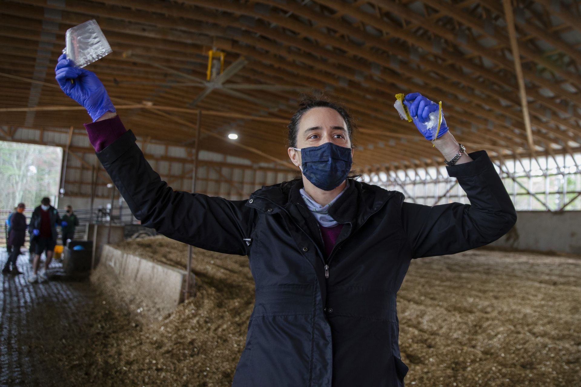 Holding sample bag), Lecturer in Biology Louise Brogan gestures to students at one end of the barn. (Phyllis Graber Jensen/Bates College)