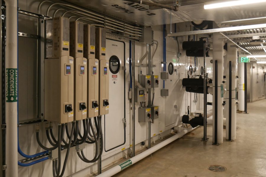 One of the three massive air handlers in the Bonney Center basement. (Doug Hubley/Bates College)