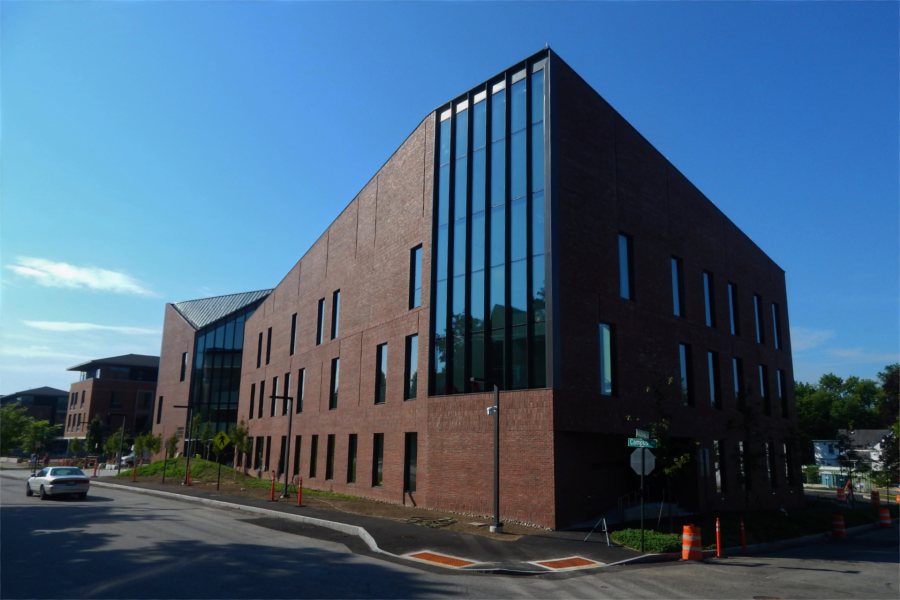 The Bonney Science Center seen from the junction of Campus Avenue and Nichols Street on June 28, 2021. (Doug Hubley/Bates College)