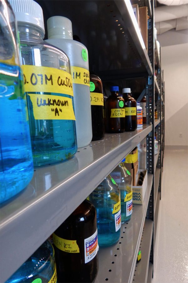 Chemical storage on the first floor of the Bonney Center. (Doug Hubley/Bates College)