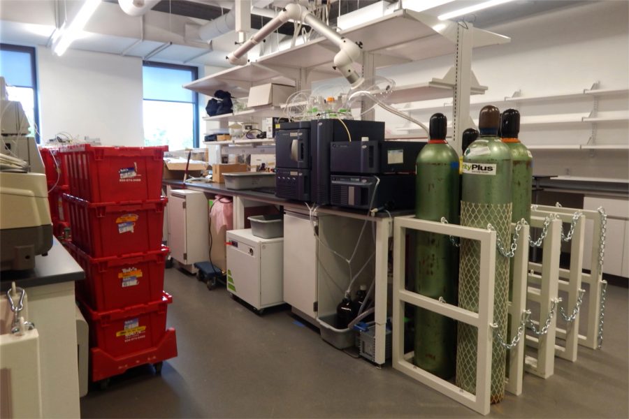 There's plenty of unpacking to do in this chemistry instrumentation room. (Doug Hubley/Bates College)