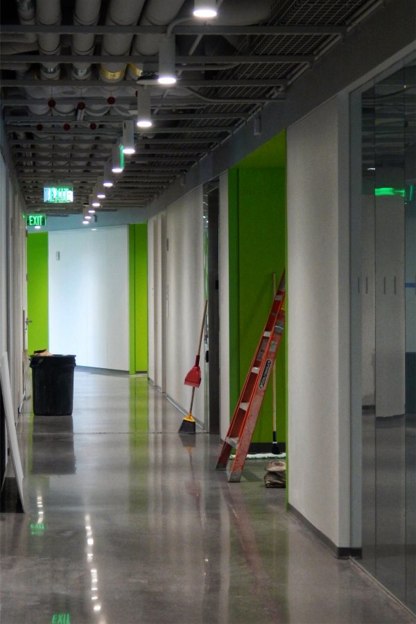 White and Payette-green paint, glass walls, infrastructure used as decorative treatment — these are some of the visual characteristics of the Bonney Center interior. (Doug Hubley/Bates College)